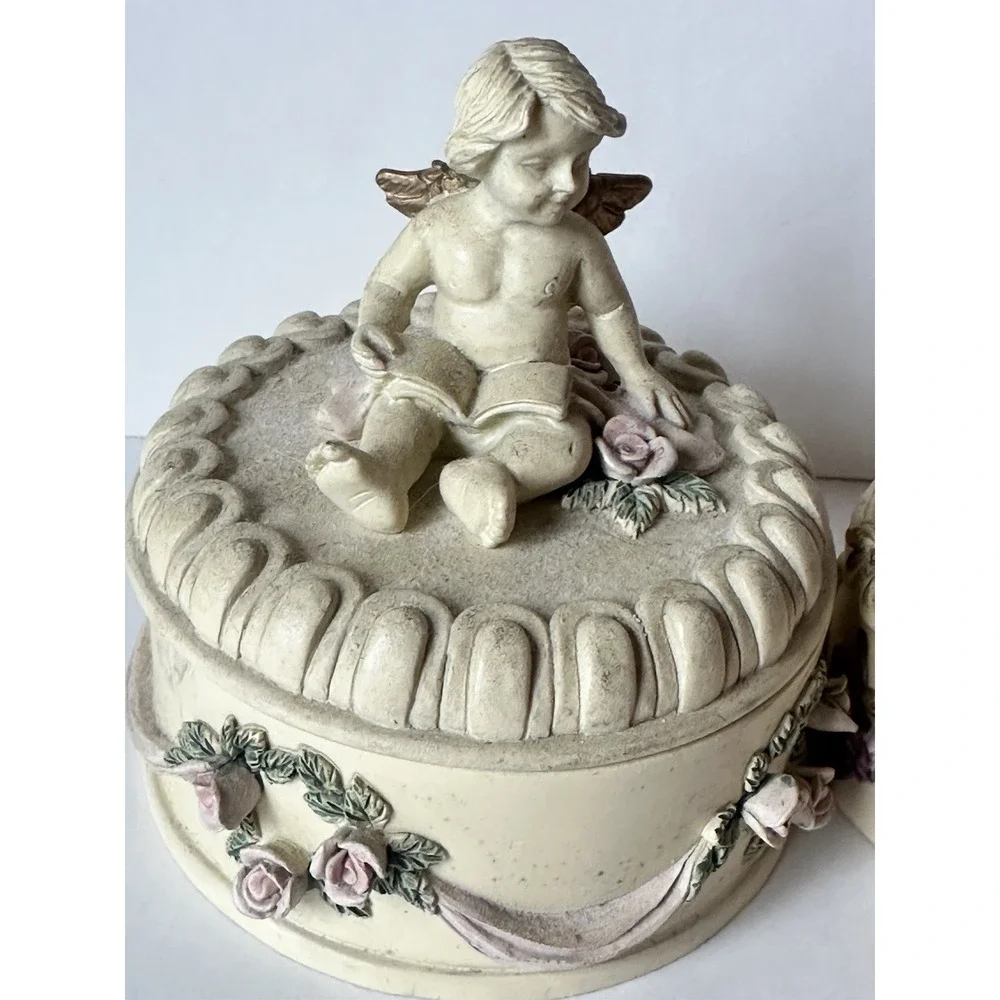Vintage 1993 Dezine Trinket Boxes Hand Painted Angel Cherub Victorian Romantic